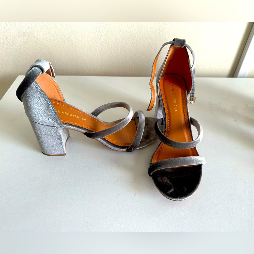 Gray velvet open toe heels
